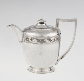 Teapot by John Emes fl. 1796–1808, goldsmith. Ovoid Georgian/George III teapot on a circular base