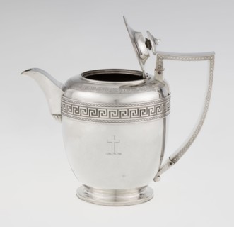 Teapot by John Emes fl. 1796–1808, goldsmith. Ovoid teapot on a circular base with lid, decorated