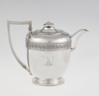 Teapot by John Emes fl. 1796–1808, English silver, c. 1806–1807. Ovoid teapot on a circular base