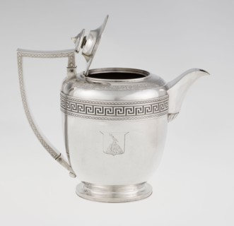 Teapot by John Emes fl. 1796–1808, goldsmith. Ovoid teapot on a circular base with lid; upper part