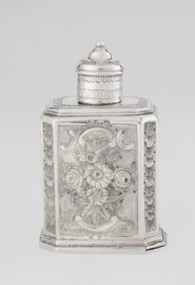 Tea caddy by Nash, Bowles fl. 1720–ca.1725 goldsmith; rococo style; made for loose-leaf tea. Cuboid