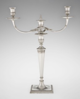 Classicist Two-Armed Candelabra, by John Schofield fl. 1776–1796, goldsmith;