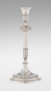 Single-candle candlestick by John Schofield fl. 1776–1796. Classicism/Georgian style with acanthus