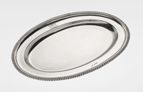 Oval platter, goldsmith/silversmith/dealer maker, purchase, scrap - purchase; features coats of