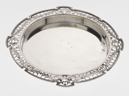 Round tray, circular silver tray with smooth mirror, slightly raised, openwork collar decorated