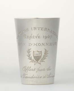 Art Nouveau conical mug by Jezler & Co. Schaffhausen; silversmith; est. 1822. Relief ornament of