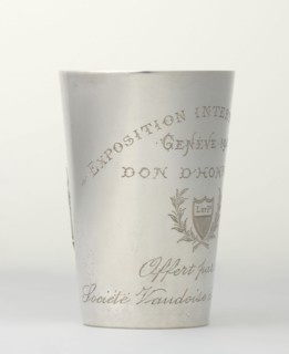 Art Nouveau conical mug by Jezler & Co Schaffhausen; silversmith; est. 1822. Relief ornament of