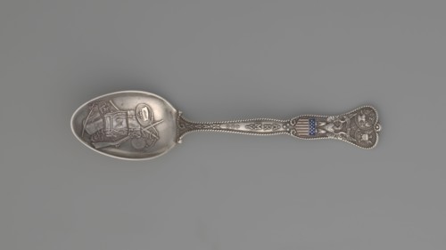 Souvenir spoon, Gorham Mfg. Co. goldsmith's manufactory; fl. 1865-. Souvenir spoon with an ovoid