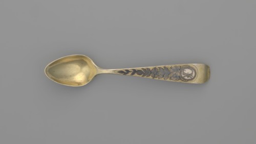 Tea spoon by Fedor Klimov Buszkowskij fl. 1795–1834, goldsmith. Decorative gilded spoon with an