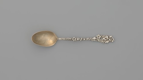 Spoon, Wallace & Sons Mfg. Co. fl. 1871- maker, Souvenir spoon with an ovoid scoop, gilded with an