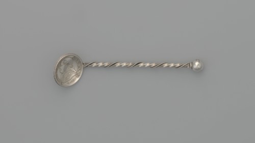 Souvenir spoon, souvenir spoon with a scoop made of a 10-soldo coin with an image of Pope Pius IX