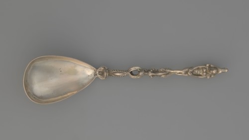 Decorative spoon, Decorative spoon with a teardrop-shaped, smooth scoop and a handle decorated with