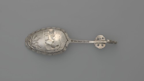 Decorative spoon, decorative spoon with an oval scoop featuring a relief pastoral scene framed by a