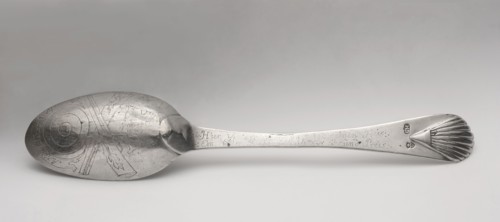Table spoon with shooting brotherhood emblem, maker: Hermann, Christoph fl. ca. 1740–1778