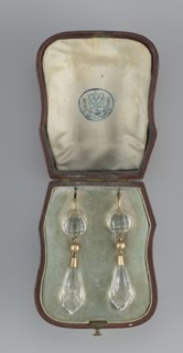 Pair of earrings in a leather case. Maker: Sazikov goldsmith's firm, Moscow and St. Petersburg;