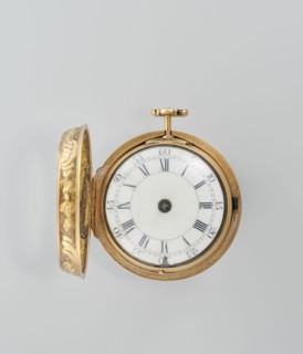 Pocket watch in case. Maker: M. Cradelle fl. ca. 1750. Watch in double case, outer case covered