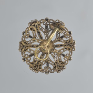 Earring, mid-19th century, Italy, jewelry, diameter 2.6 cm, A round, ornate metallic object with a