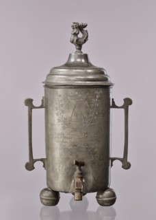 Watering can of the carpenters' guild, probably Warsaw, cylindrical, supported by three balls, a