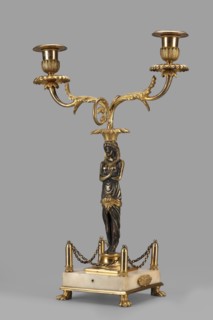 Two-candle candelabra depicting Egyptian women, early 19th century, France, unknown locality; for