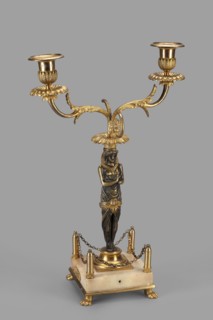 Two-candle candelabra, depicting Egyptian women, early 19th century, possibly France, lighting;