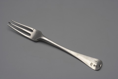 Three-pronged fork by Emmanuel I Ellerholtz active from 1758, died 1800, goldsmith, 1770.