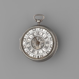 Pocket watch by Isaac Angot fl. ca. 1698–1723. Smooth hemispherical case; silver dial with Roman