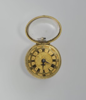 Pocket watch by Jacques Marcet fl. ca. 1725–ca. 1750. Gilded silver, almost spherical, double case;