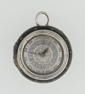 Pocket watch by John Bushman 1692–1720. Silver pocket watch in three cases: outer case covered with