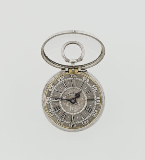 Pocket watch by John Bushman 1692–1720. Silver pocket watch in three cases: outer case covered with