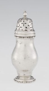 Powdered sugar bowl, pear-shaped on a circular profiled foot, with a domed openwork cover topped