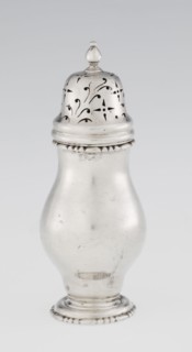 Powdered sugar bowl, powdered sugar bowl pear-shaped with domed openwork cover topped with a bowl;