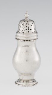 Powdered sugar bowl, pear-shaped on a circular profiled foot, with a domed openwork cover topped