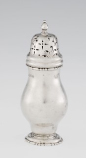 Powdered sugar bowl; pear-shaped powdered sugar bowl on a circular profiled foot, with a domed