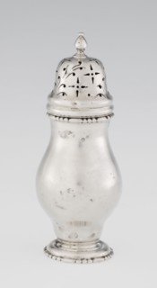 Powdered sugar bowl, powdered sugar bowl with domed openwork cover topped with a bowl; pear-shaped