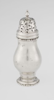 Powdered sugar bowl, powdered sugar bowl with domed openwork cover topped with a bowl; pear-shaped