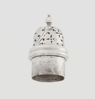Powdered sugar bowl, pear-shaped on a circular profiled foot, with a domed openwork cover topped