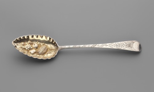 Jam spoon by John Fisher fl. 1793–ca.1810, silver; scoop with fluted edges, repoussé fruit
