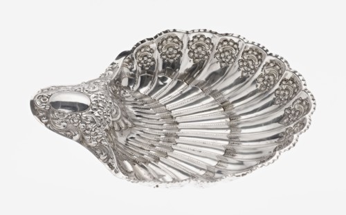 Shell-shaped silver platter by Atkin Brothers Silversmith Ltd Sheffield; goldsmith and silversmith