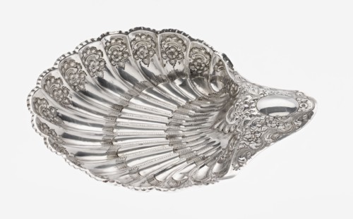 Shell-shaped silver platter by Atkin Brothers Silversmith Ltd Sheffield; goldsmith and silversmith