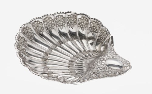 Shell-shaped silver platter by Atkin Brothers Silversmith Ltd Sheffield; goldsmith and silversmith