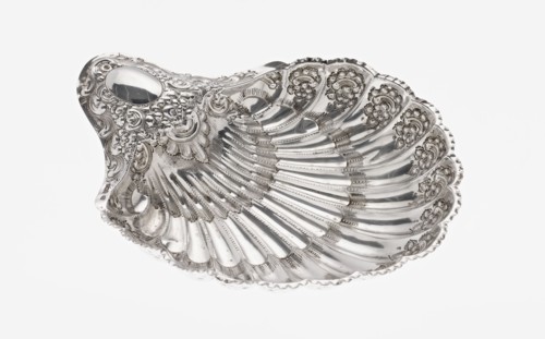 Shell-shaped silver platter by Atkin Brothers Silversmith Ltd Sheffield; goldsmith and silversmith