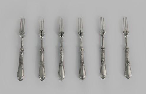 Six fruit forks by Adam Nagalski 1862–1944, 1915–1920, Poland, Warsaw; cutlery; height 16.5 cm,