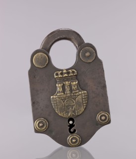 Padlock with the coat of arms of Kraków and brass rosettes, coats of arms, late 18th–early 19th