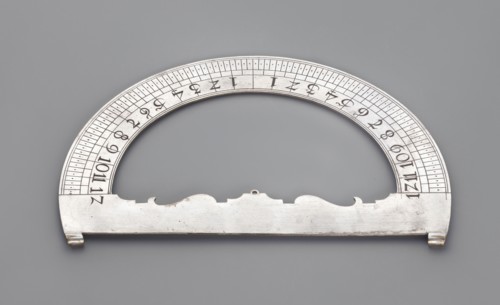 Protractor, acanthus ornament, measuring instrument. Protractor made of silver-plated brass, ca.