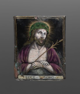 Plaque with a depiction of Christ - Ecce Homo, painted enamel, Ecce homo iconographic. Rectangular,