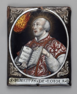 Rectangular enamelled plaque with a medallion image of Saint Ignatius of Loyola founder of the