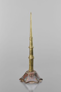 Candlestick, enamel on a hexagonal base tapering towards the top with a shaft; on each side a coat