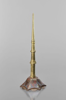 Candlestick, enamel; on a hexagonal base tapering toward the top with a shaft; on each side a coat