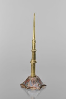 Candlestick, enamel on a hexagonal base tapering towards the top with a shaft; on each side a coat