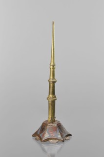 Candlestick, enamel on a hexagonal base tapering toward the top with a shaft; on each side a coat